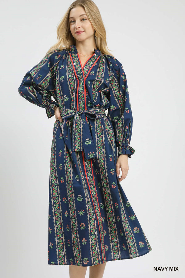 Mix Floral Stripe Maxi Dress- Navy Mix