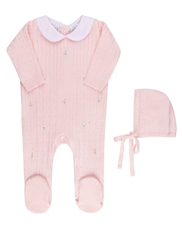 Peter Pan Cable Knit Romper W/ Bonnet- Pink