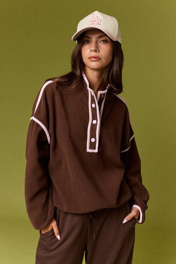 Betty Fleece Snap Button Pullover- Chocolate