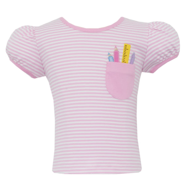 School Supplies Knit W/ Pocket T-Shirt- Pink Stripe