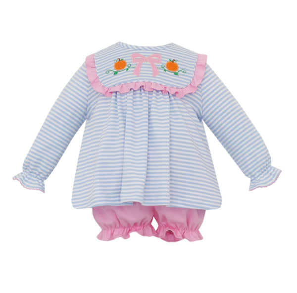 Pumpkin W/ Bow Knit Bloomer Set- Blue Stripe
