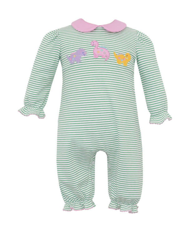 Dinosaurs Knit Ruffle L/S Romper- Green Stripe
