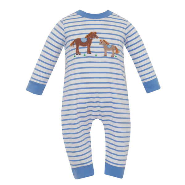 Horses Knit Romper- Periwinkle Blue Stripe