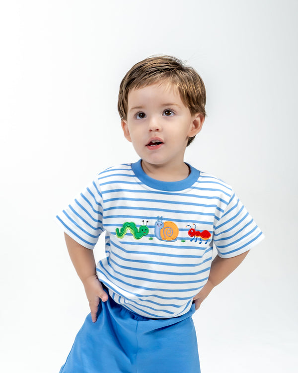 Backyard Bugs Knit T-Shirt- Blue Stripe