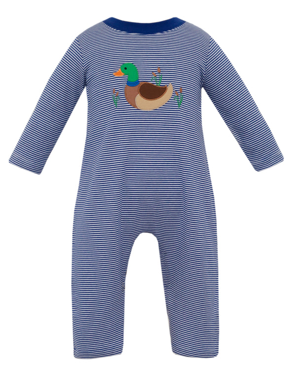 Mallard Duck Knit L/S Romper- Navy Stripe