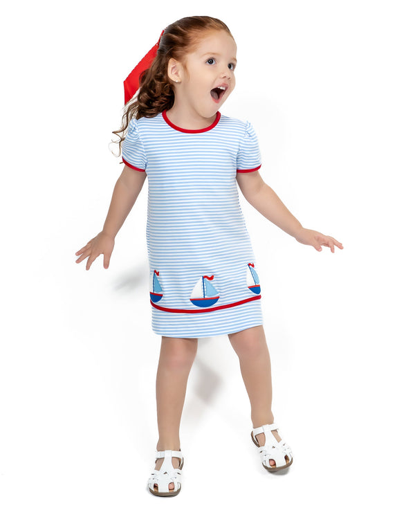 Sailboats Knit A Line Dress- Blue Stripe