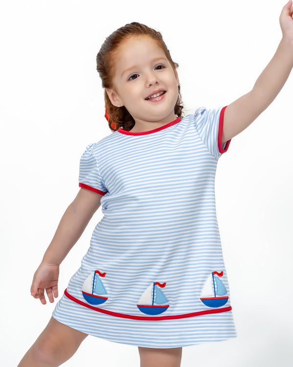 Sailboats Knit A Line Dress- Blue Stripe