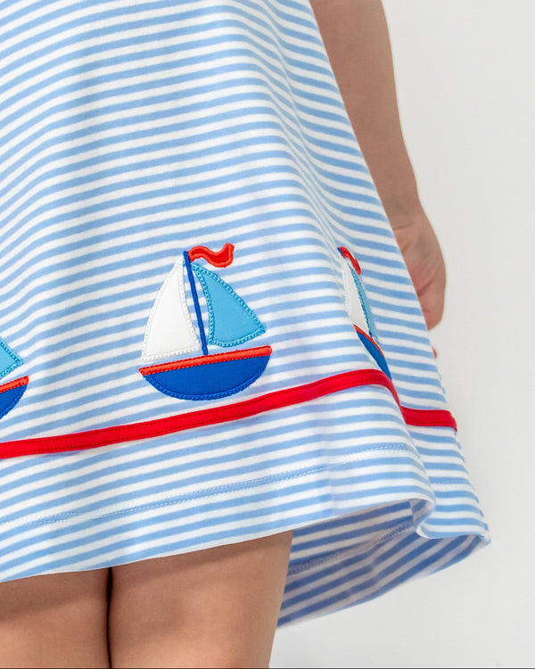 Sailboats Knit A Line Dress- Blue Stripe
