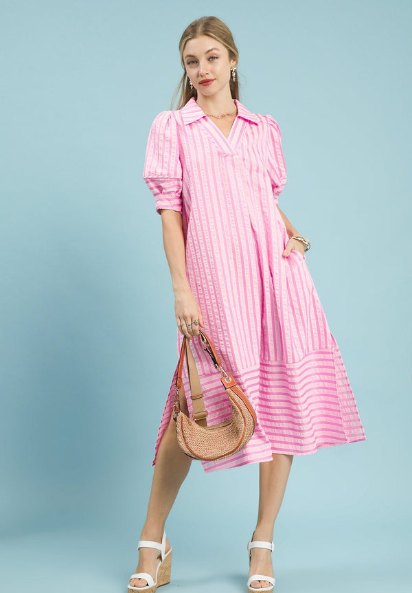 Striped Puff Sleeve Dress- Peony