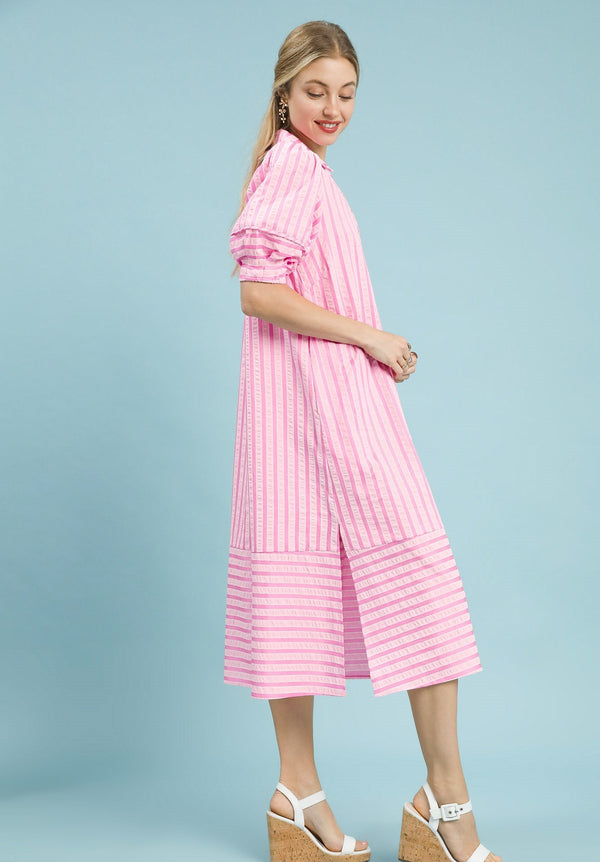Striped Puff Sleeve Dress- Peony