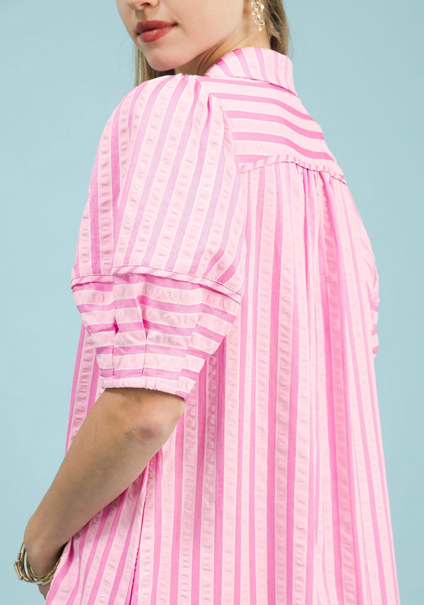 Striped Puff Sleeve Dress- Peony
