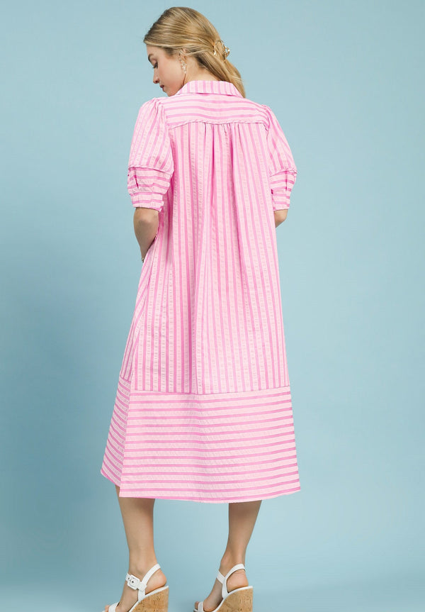Striped Puff Sleeve Dress- Peony