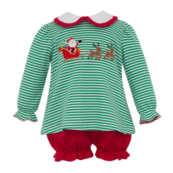 Santa W/ Sledge Knit Bloomer Set- Green Stripe
