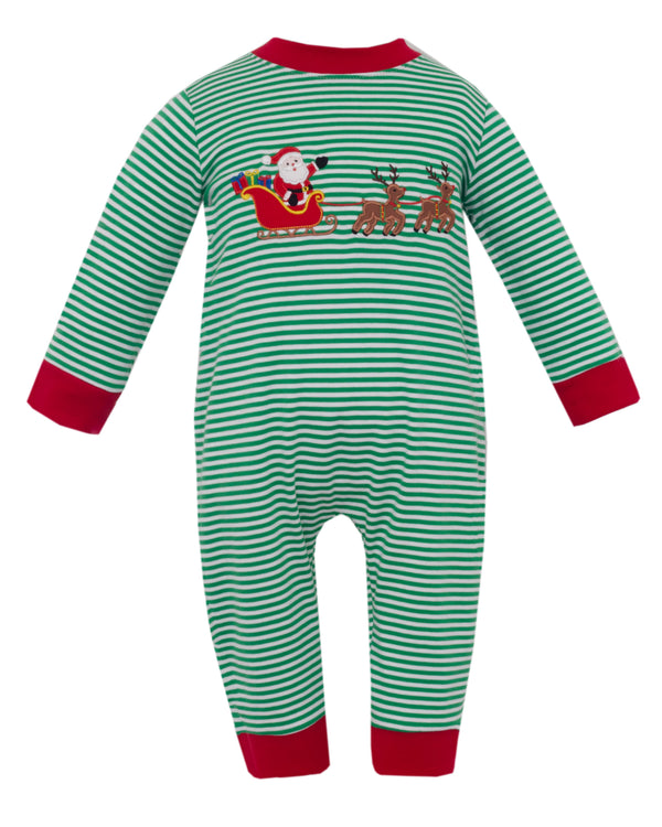 Santa W/ Sledge Knit Romper- Green Stripe