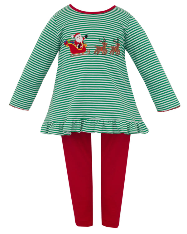 Santa W/ Sleigh Knit Tunic Set- Green Stripe