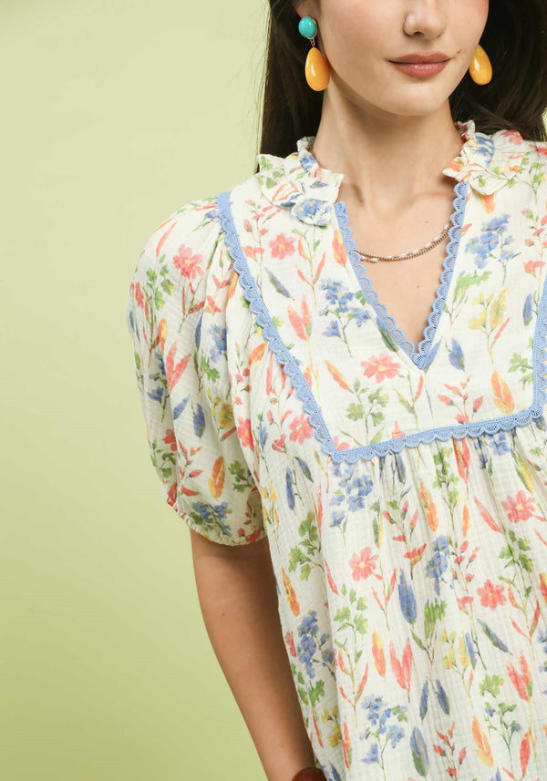 Multi Watercolor Floral Lace Trim Top