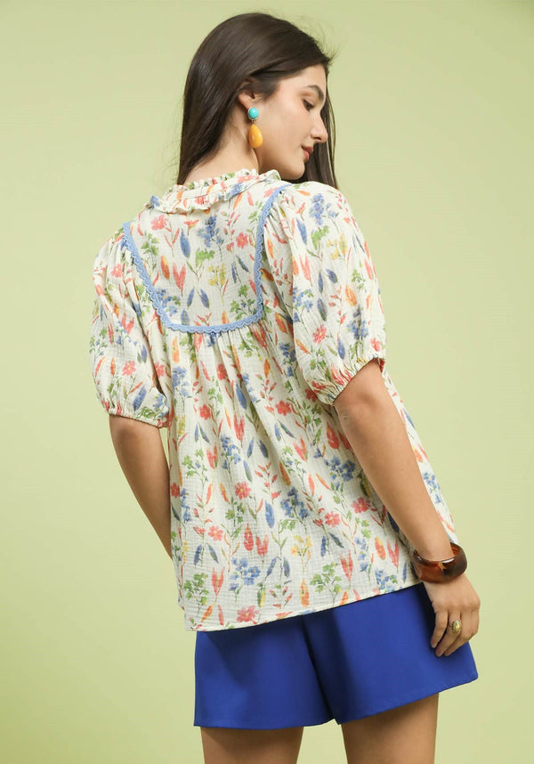 Multi Watercolor Floral Lace Trim Top