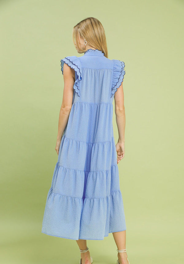 Seersucker Ruffle Sleeve Tiered Dress- Sky