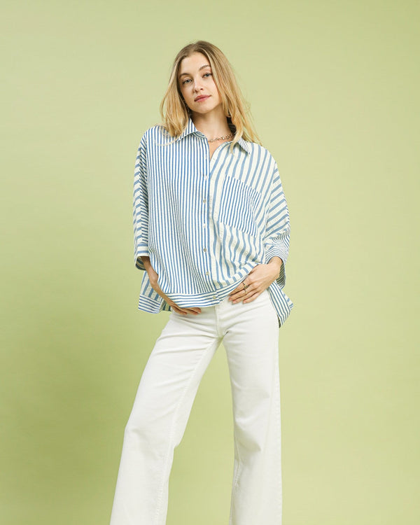 Mixed Stripe Oversized Button Down Top- Lt. Blue