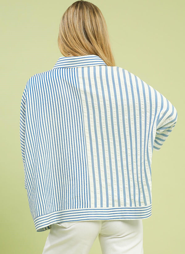 Mixed Stripe Oversized Button Down Top- Lt. Blue