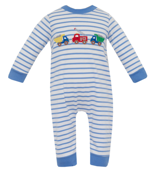 Rescue & Roadwork Trucks Romper- Periwinkle Blue Stripe