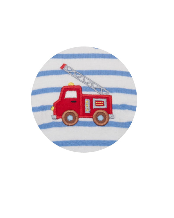 Rescue & Roadwork Trucks Romper- Periwinkle Blue Stripe