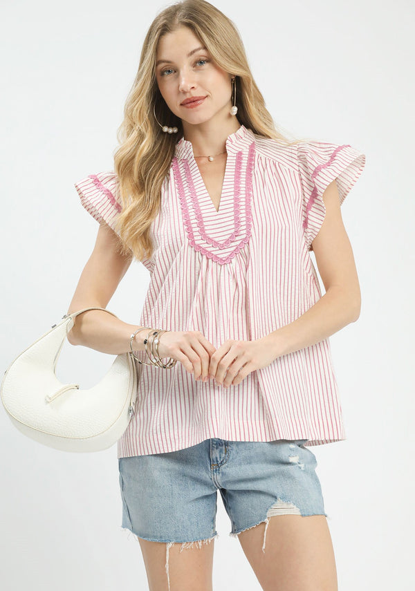 Striped Flutter Sleeve Top- Pink