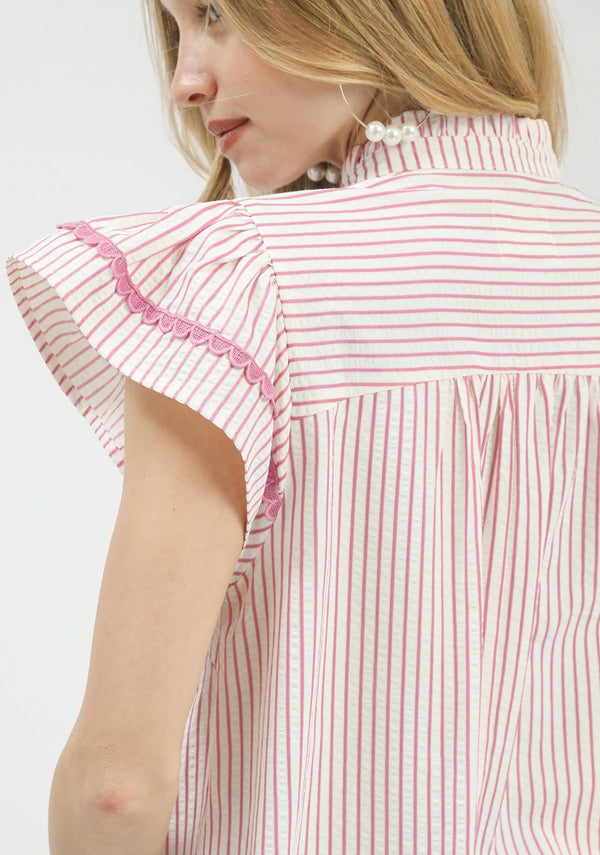 Striped Flutter Sleeve Top- Pink