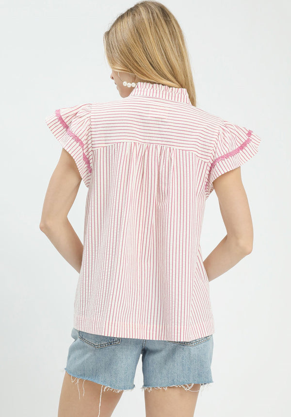 Striped Flutter Sleeve Top- Pink
