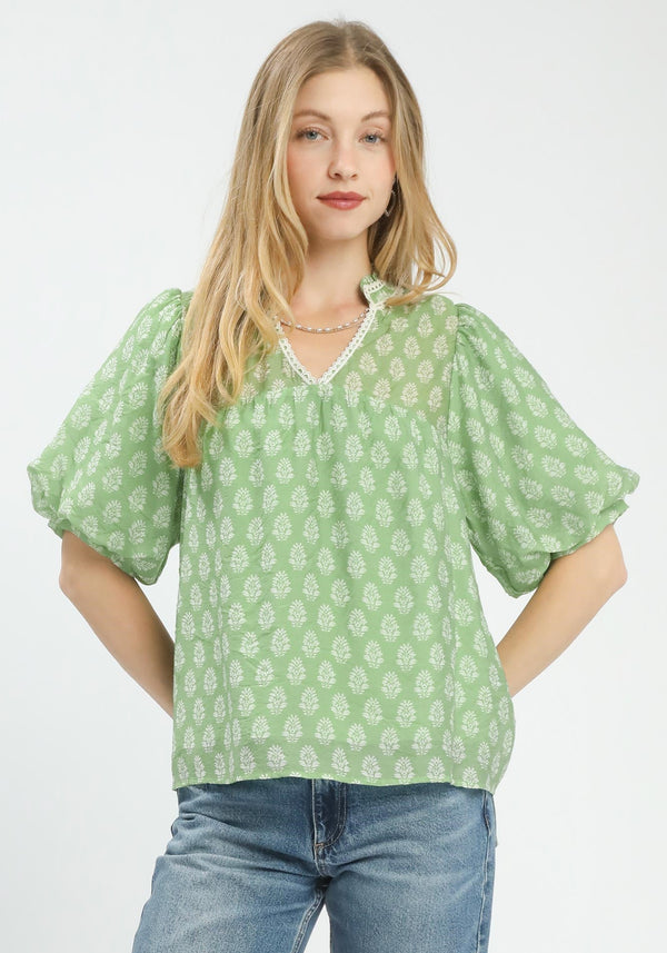 Two Tone Abstract Print Top- Sage/Cream