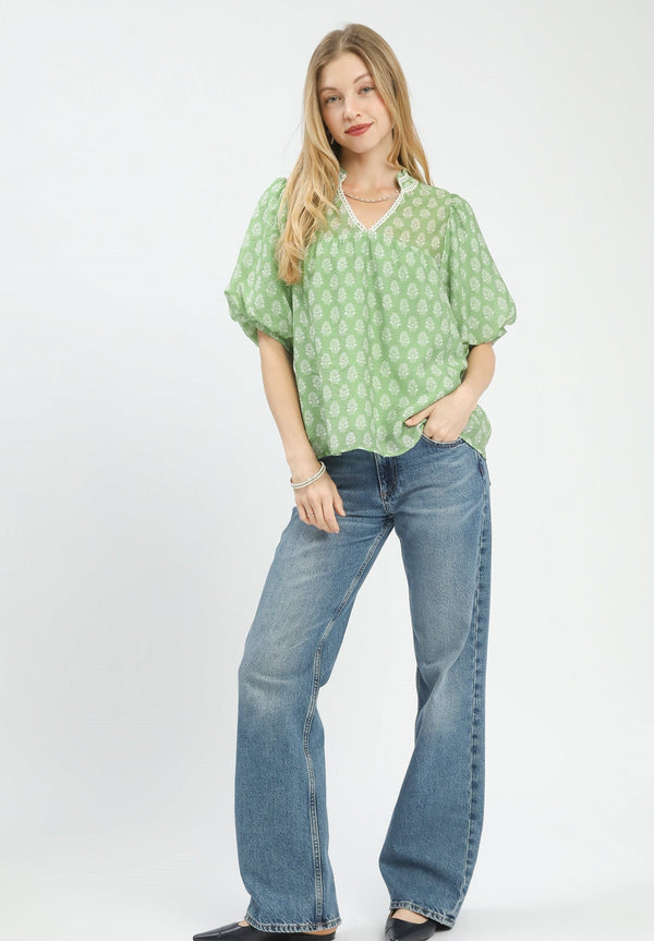 Two Tone Abstract Print Top- Sage/Cream
