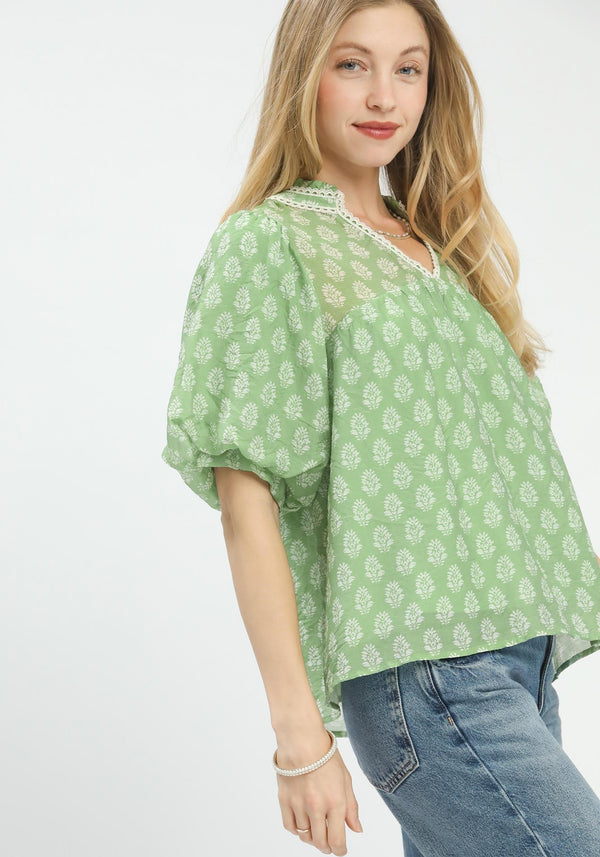 Two Tone Abstract Print Top- Sage/Cream