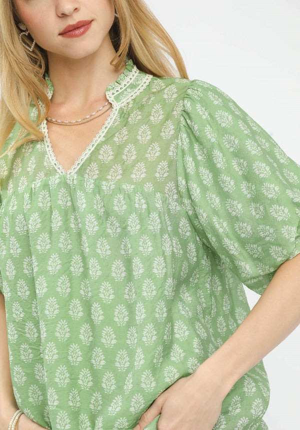 Two Tone Abstract Print Top- Sage/Cream