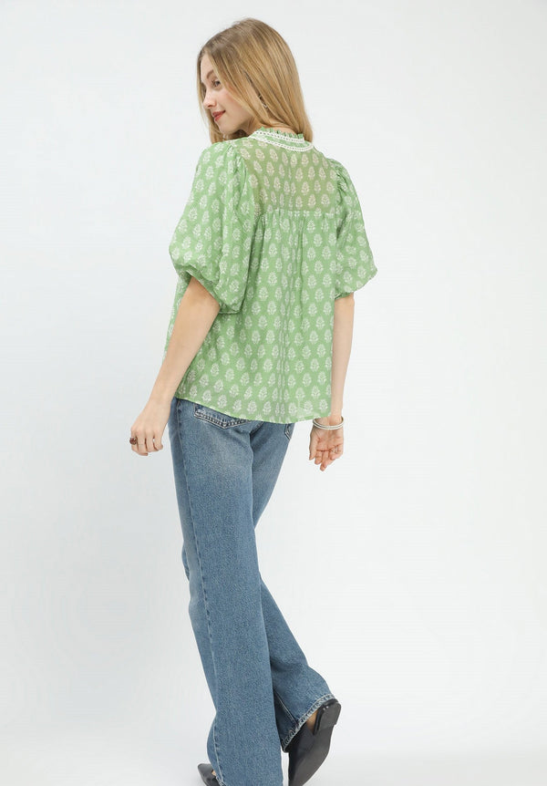 Two Tone Abstract Print Top- Sage/Cream