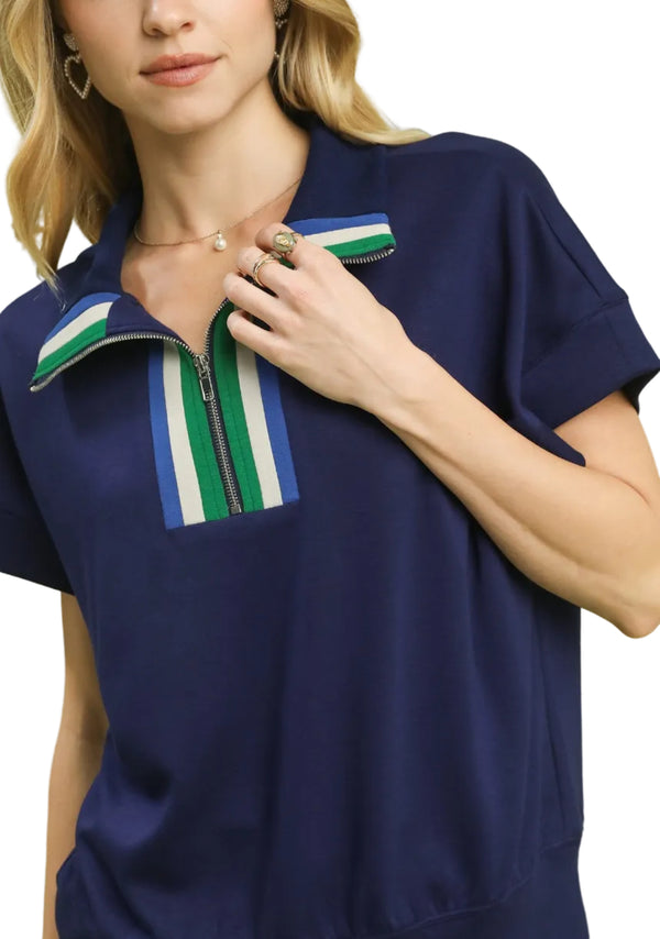 Striped Half-Zip Knit Top- Navy