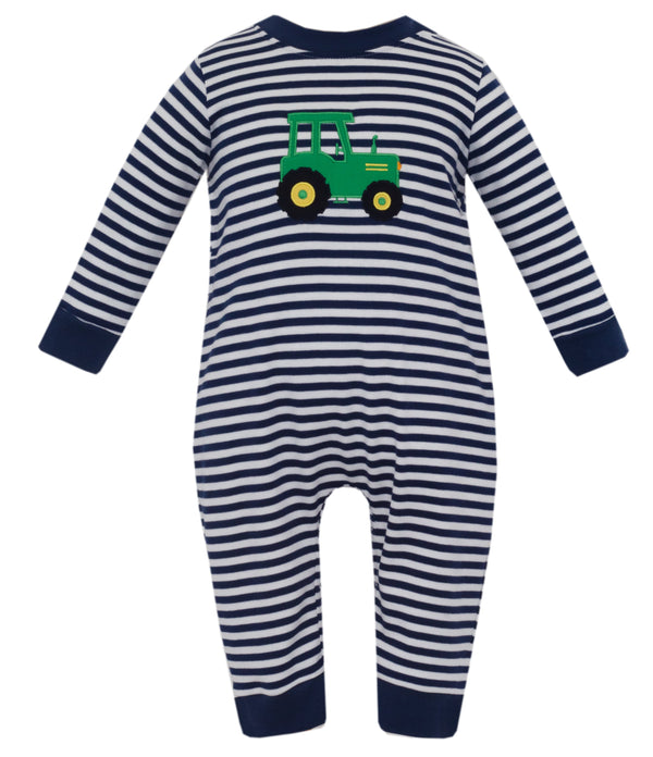 Tractor Knit LS Romper- Navy Blue Stripe