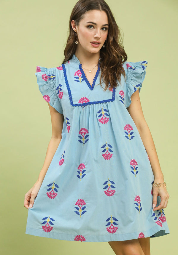 Embroidered Flutter Sleeve Dress- Peri Blue