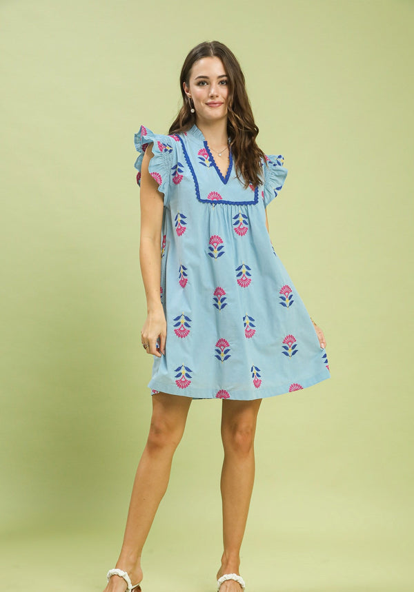 Embroidered Flutter Sleeve Dress- Peri Blue