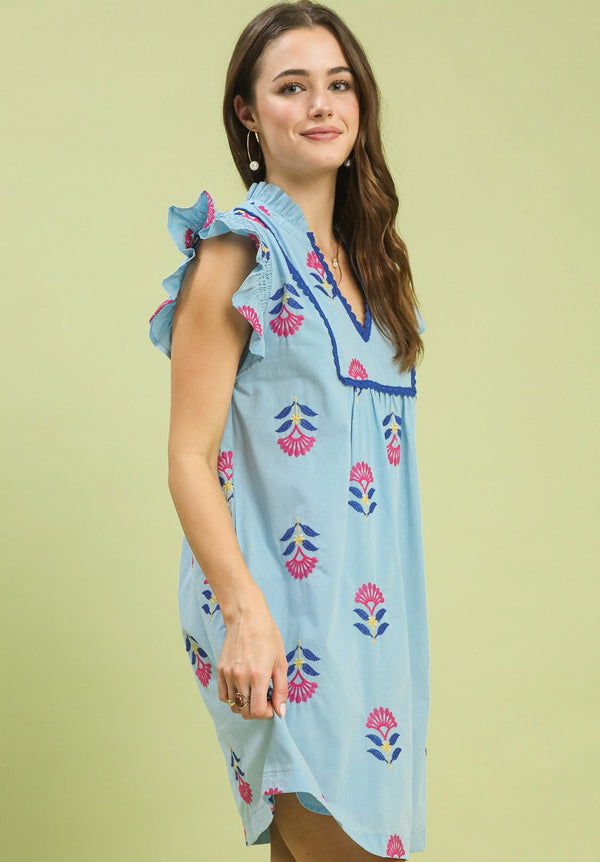 Embroidered Flutter Sleeve Dress- Peri Blue