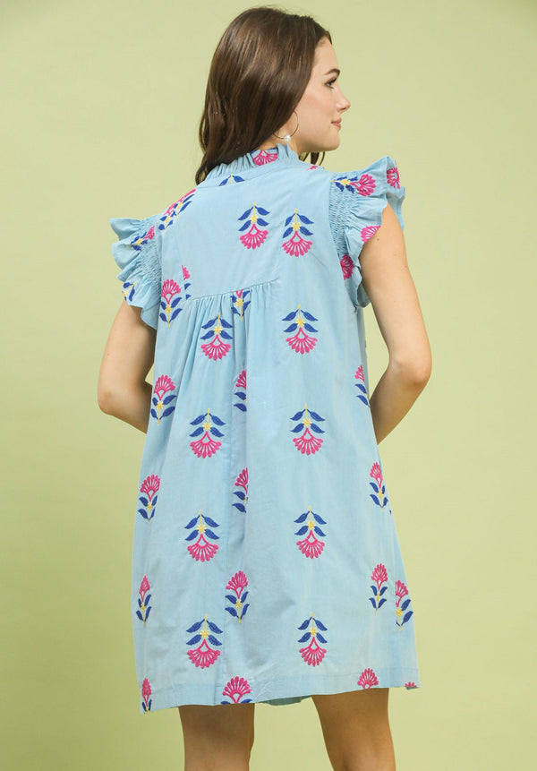Embroidered Flutter Sleeve Dress- Peri Blue