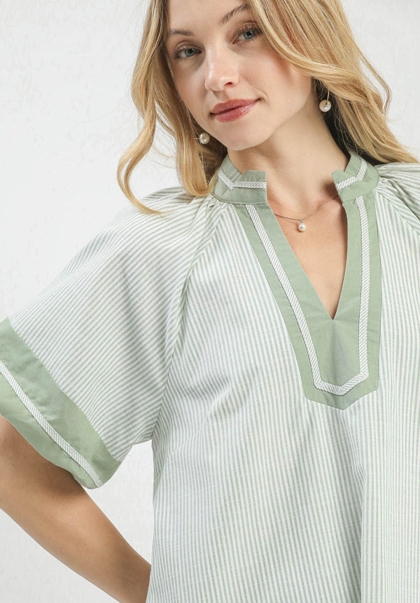 Striped Mixed V-Neck Dress- Sage