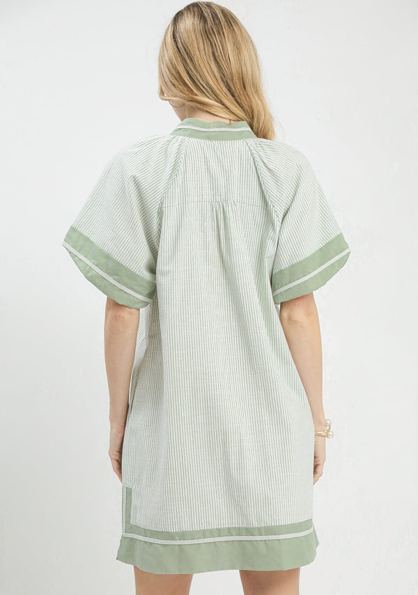 Striped Mixed V-Neck Dress- Sage