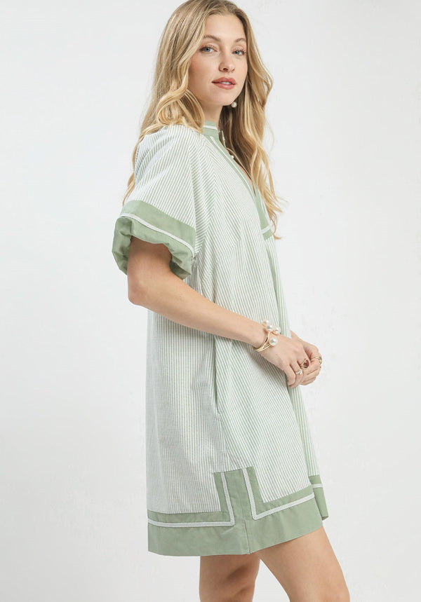 Striped Mixed V-Neck Dress- Sage
