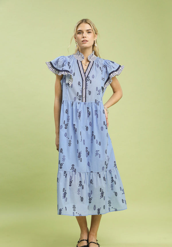 Floral Ruffle Sleeve Tiered Dress- Lt. Blue
