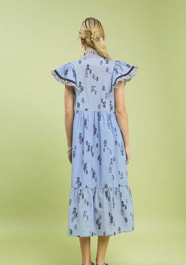 Floral Ruffle Sleeve Tiered Dress- Lt. Blue