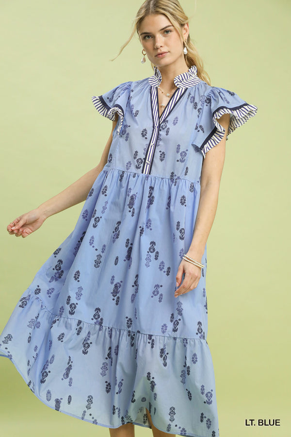 Floral Ruffle Sleeve Tiered Dress- Lt. Blue