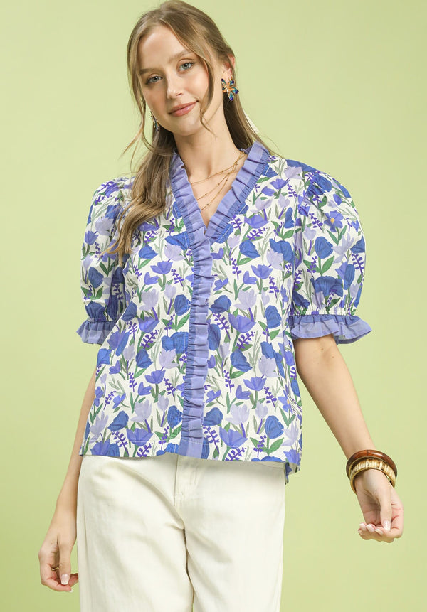 Floral Ruffle Trim Puff Sleeve Blouse- Blue Mix