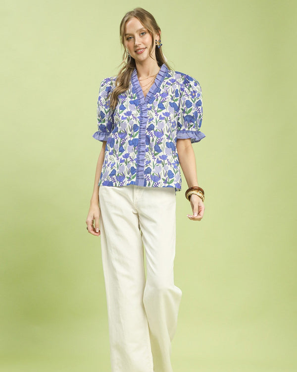 Floral Ruffle Trim Puff Sleeve Blouse- Blue Mix