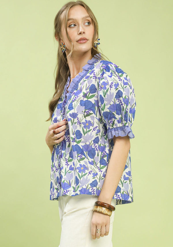 Floral Ruffle Trim Puff Sleeve Blouse- Blue Mix