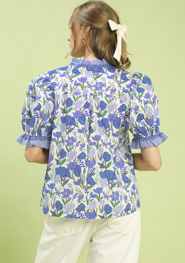 Floral Ruffle Trim Puff Sleeve Blouse- Blue Mix